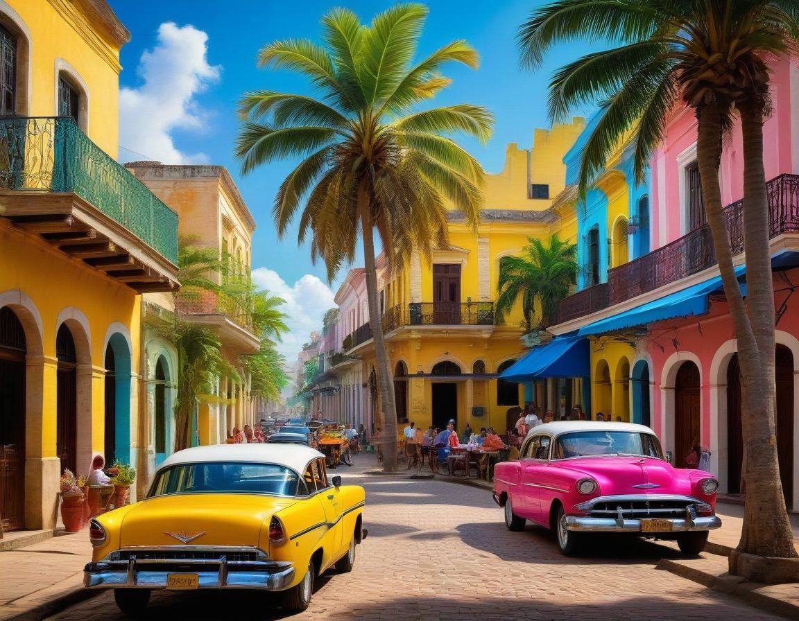 A lively Cuban street scene featuring vibrant colonial architecture, colorful vintage cars, and locals dancing salsa on the cobblestone streets. Include elements like a marketplace with traditional Cuban food and crafts, musicians playing in the background, and palm trees swaying under a bright blue sky. Enhance the scene with warm, inviting colors to convey a sense of joy and authenticity. super-realistic. vibrant colors.