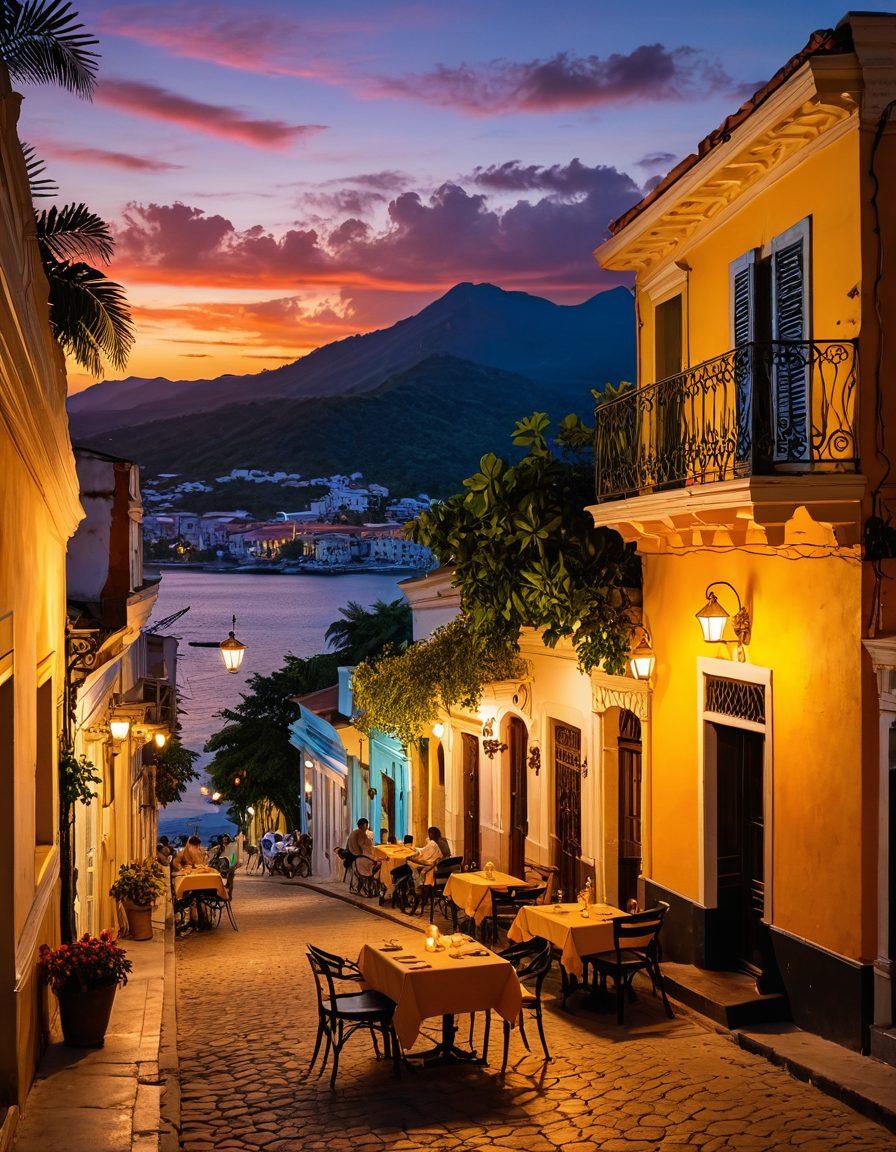 A romantic sunset scene over the vibrant streets of Santiago de Cuba, featuring couples enjoying a cozy dinner in a charming outdoor café, surrounded by colorful colonial architecture and lush tropical plants. Soft lighting and the warm glow of candles enhance the magical atmosphere. Include a distant view of the Sierra Maestra mountains for depth. super-realistic. vibrant colors. dreamy ambiance.