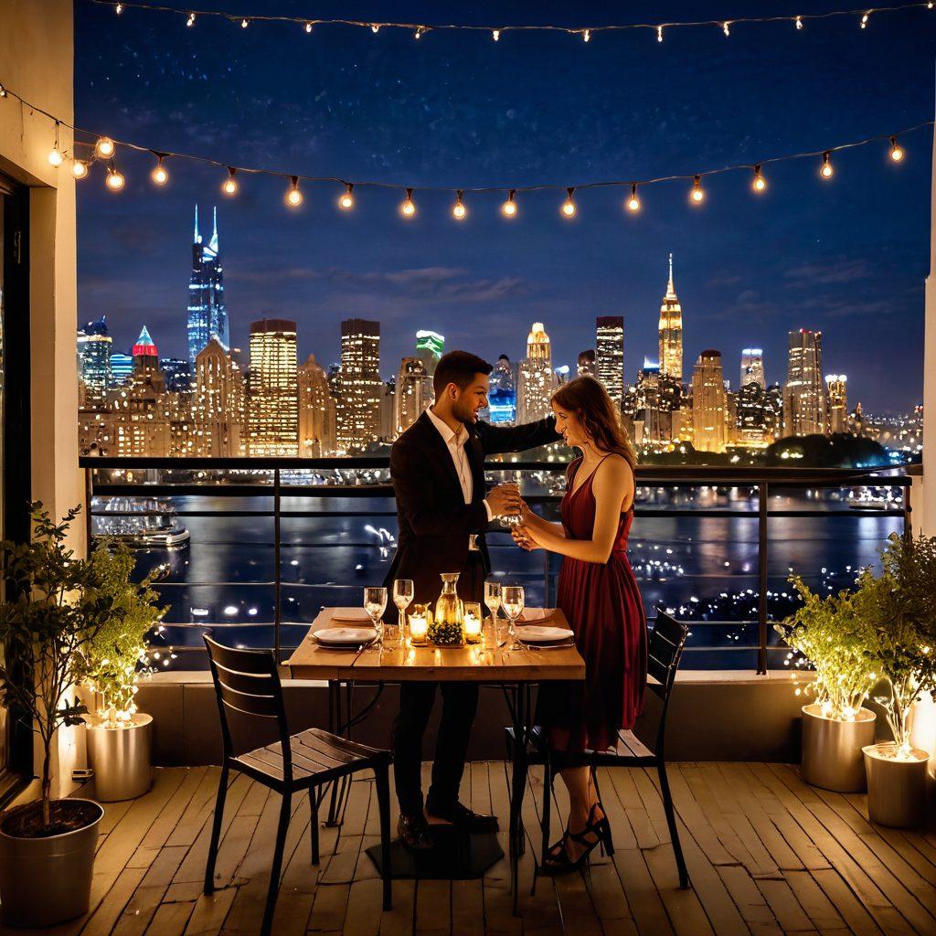 A romantic candlelit dinner setup on a rooftop terrace, featuring an elegantly arranged table with gourmet dishes and fine wine, surrounded by twinkling fairy lights and vibrant city skyline. In the background, a couple is dancing under the stars, enhancing the love-filled atmosphere. The scene is warm, inviting, and filled with a sense of adventure. super-realistic. vibrant colors. evening ambiance.
